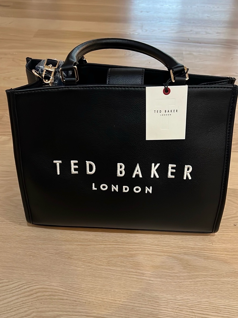 Ted Baker Women's Black Logo Satchel Top Handle snap Detachable Strap Gold